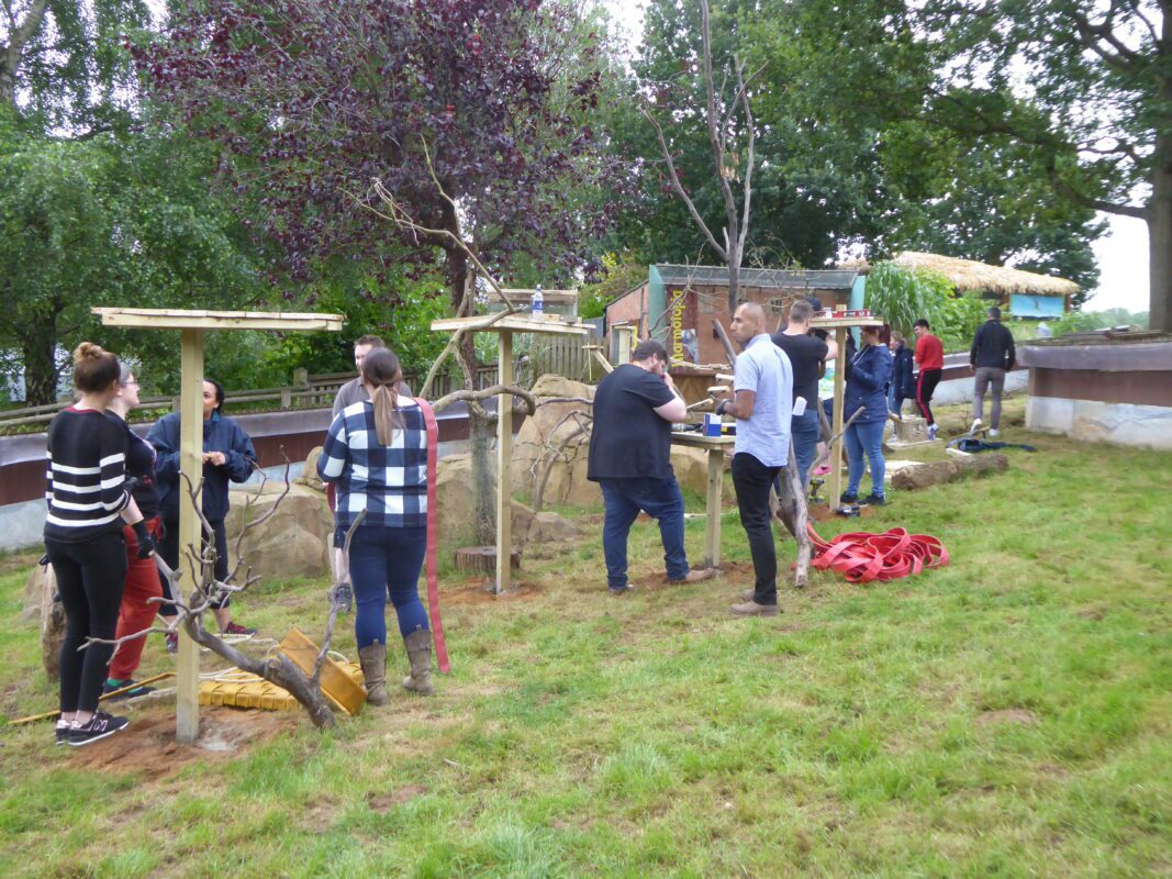 “Corporate group engaging in a CSR activity overlooking the wildlife habitats at Woburn Safari Park.” “Employees collaborating during a team building session at Woburn Safari Park’s Safari Lodge event space.”